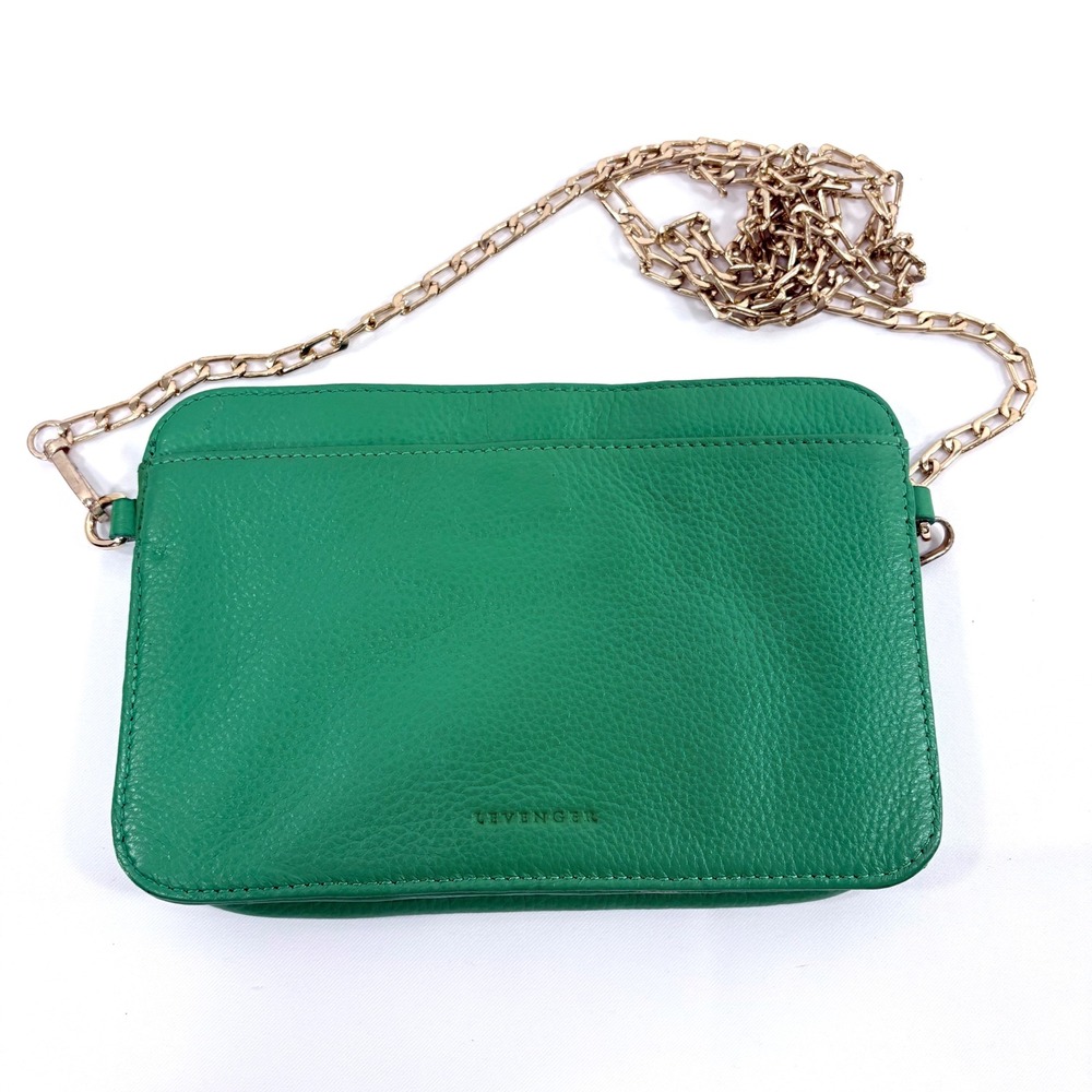 Levenger Crossbody Bag Green Pebbled Leather Gold Chain Strap Organizer Small